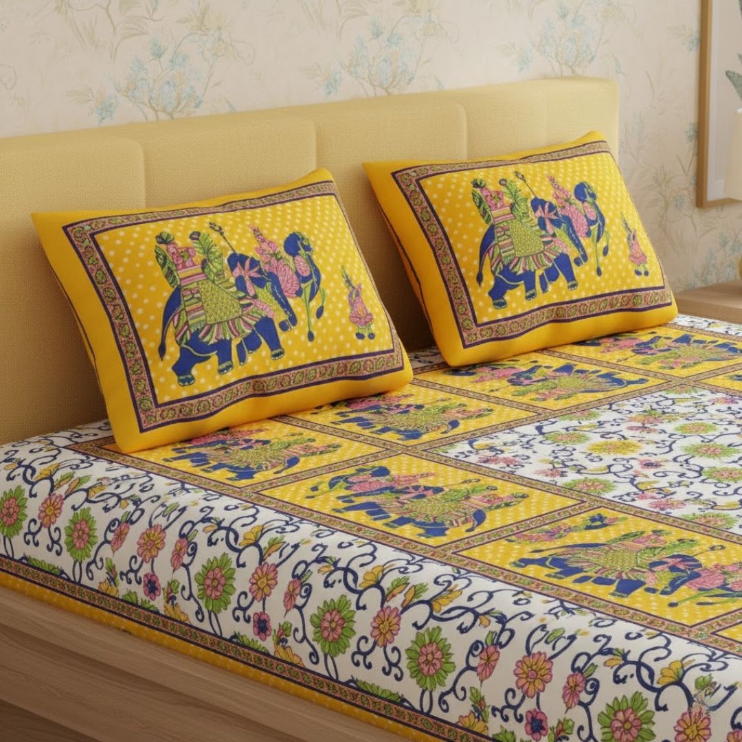 Yellow Border Big Elephant Printed Cotton Double Bed Sheet